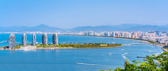 Sanya Bay coastline and Phoenix Island skyline, Sanya, Hainan, China