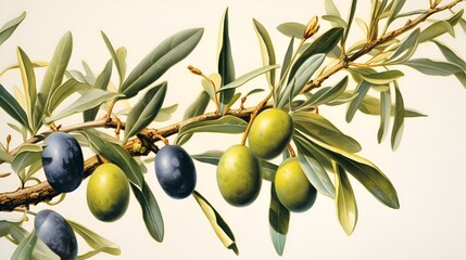 olive branch with leaves and fruits. watercolors illustration for wedding stationary, greetings, wallpapers, invitations, AI generated
