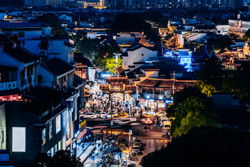 High angle view night view of Qinhuai River Gongyuan Street, Confucius Temple, Nanjing, Jiangsu, China