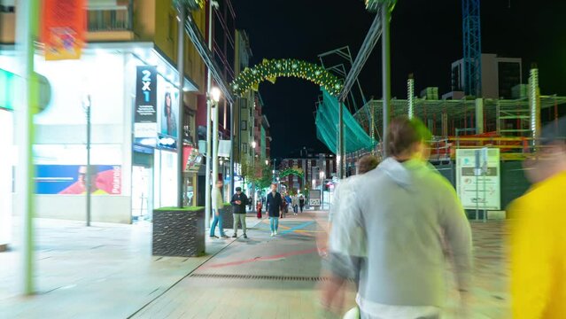 night illumination andorra la vella city famous central street walking panorama 4k timelapse andorra