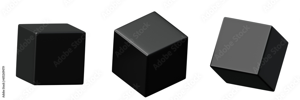 Poster 3d geometry shape cube black metallic color, realistic rendering element design
