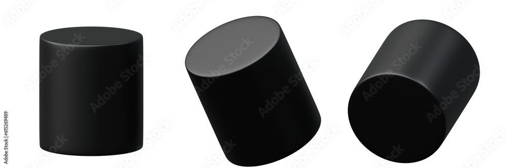 Poster 3d geometry shape cylinder black metallic color, realistic rendering element design