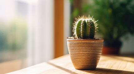 Cactus in small pot on the table near the window