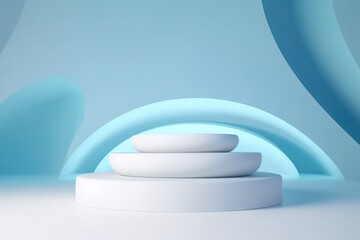 Beautiful Futuristic white podium with for product presentation. Light blue Background.