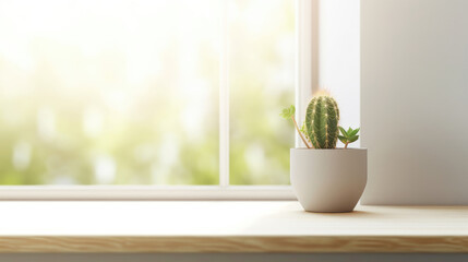 Cactus in small pot on the table near the window