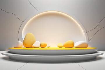 Beautiful futuristic podium with white and yellow stones for product presentation.
