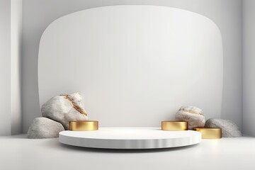 Beautiful modern podium with stones and gold details for product presentation. Elegant and futuristic design.