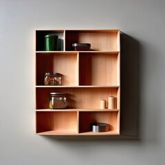 Fototapeta premium a wooden shelf with jars and containers on it, generative AI.
