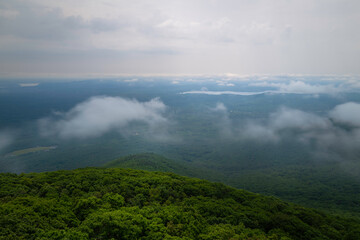 Tranquil aerial mountain landscape and floating cloudscape in Upstate New York, view from the Lookout Mountain