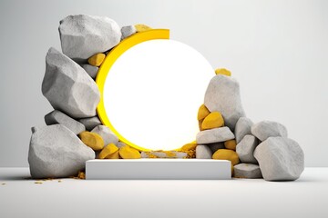 Beautiful modern podium with stones and yellow details for product presentation. 