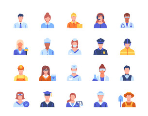 Colorful icons set. Portraits of employee, policeman, surgeon, teacher, delivery man and judge. Stickers with avatars of working people. Cartoon flat vector collection isolated on white background