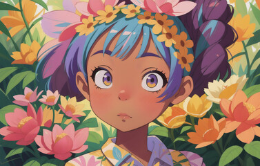 Portrait beautiful African-American girl with flowers on her head. Woman with flower arrangement on head. Generative AI.