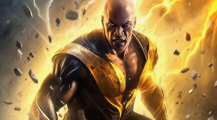 Strong black superhero wrestler with muscular build, energy burst, rubble flying, special effects, AI generated