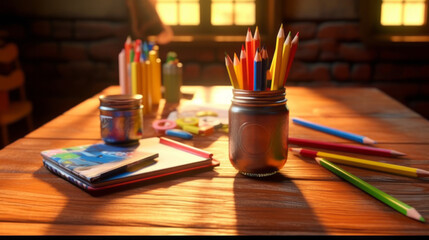 Naklejka na ściany i meble Concept to teacher's day. Back to school. Pens, pencils, books backpack on the table. Created with Generative AI technology.