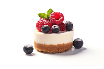 Mini cheesecake with berries and cream on a white background. Birthday cake, a sweet and colorful dessert. Ai generative.