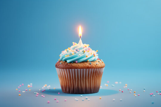 Tasty birthday cupcake with a candle on a blue background. Mini cake. Ai generative.