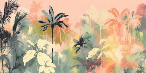 Fotobehang Tropical palm leaves in pastel palette. Floral watercolour abstract background in a modern style. Botanical design, neutral pastel colours. Generative AI  © Maroubra Lab