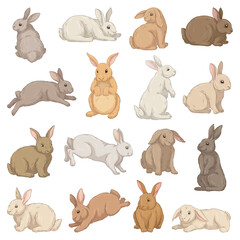 Obraz premium Cute hares set. Colorful rabbits with ears lie, jump, sit and run. Funny farm or forest animals. Fluffy grey, white and brown bunnies. Cartoon flat vector collection isolated on white background