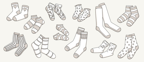 Sketch socks set. Trendy clothing items for men, women and kids. Short, long and patterned stockings for leg and foot in line art style. Linear flat vector collection isolated on white background