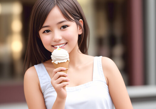 Beautiful girl with an ice cream cone on a sunny summer day. Generative AI