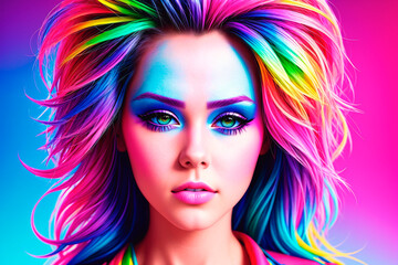 Obraz na płótnie Canvas Portrait of a beautiful young woman with colorful hair. Beauty, fashion. Generative AI.
