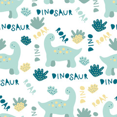 Childish seamless pattern with little dinosaurs. Cute baby print for tee, textile and fabric. Hand drawn vector illustration for decor and design.