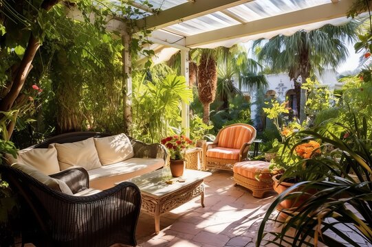 Exotic garden with shade gazebo and palm trees. Sunny afternoon on the tropical patio. AI generated image. 