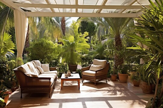 Exotic garden with shade gazebo and palm trees. Sunny afternoon on the tropical patio. AI generated image. 