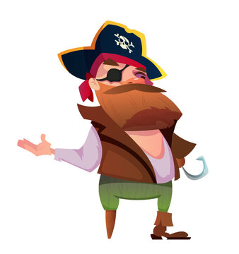 Pirate with hook. Character with beard and mustache dressed as sea robber. Man captain with hook for hand and black hat with Jolly Roger. Cartoon flat vector illustration isolated on white background