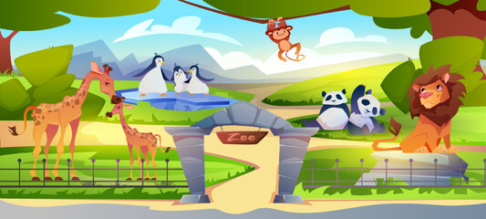 Fototapeta na wymiar Zoo with animals. Natural outside park with mammals, giraffes, lion, monkey and pandas. Leisure for children and adults. Banner with wild life and green plants. Cartoon flat vector illustration