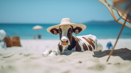 A cow in the beach generative ai - obrazy, fototapety, plakaty