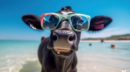 A black cow with glasses on the beach generative ai