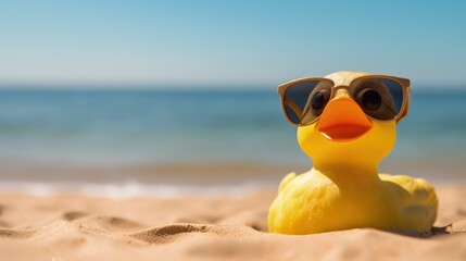 Obraz premium A duck with sunglasses in the beach generative ai