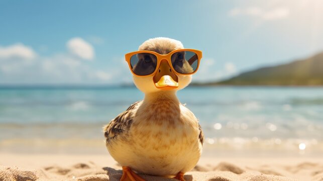 Naklejki A duck with sunglasses in the beach generative ai