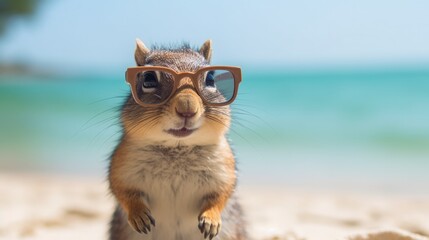 Obraz premium A squirrel with glasses in the beach generative ai