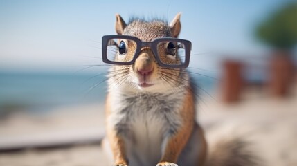 A squirrel with glasses in the beach generative ai