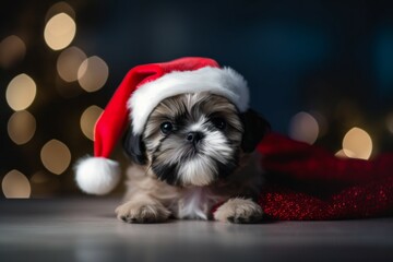 Cute puppy in Santa Claus hat or christmas red cap. Shih Tzu dog. AI generated, human enhanced
