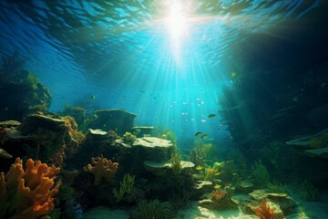 Naklejka na ściany i meble Transparent water, underwater sea background. Mockup or backdrop with sunbeams under water. AI generated, human enhanced