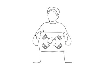A young man holding a Korean flag. National liberation day of Korea one-line drawing