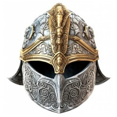 Beautiful decorated medieval plate helmet isolated on white background. Generative AI illustration.