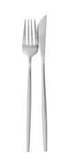 Knife and fork isolated on white, top view. Stylish shiny cutlery set