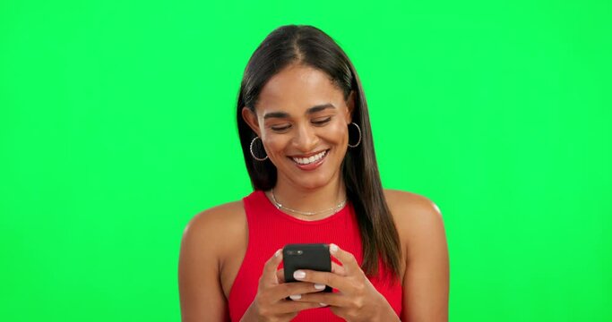Phone, green screen and woman typing, networking and internet communication on social media. Search, scroll and happy person or model with mobile connection, meme or funny chat on studio background