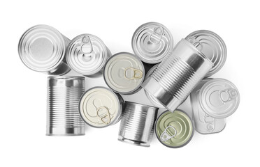 Many tin cans isolated on white, top view