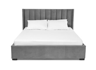 Comfortable gray bed with linens on white background