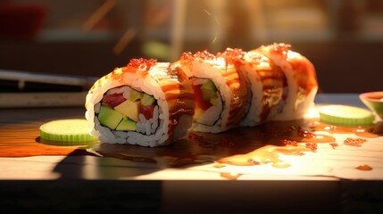 sushi plate on a table on a dark background generative ai