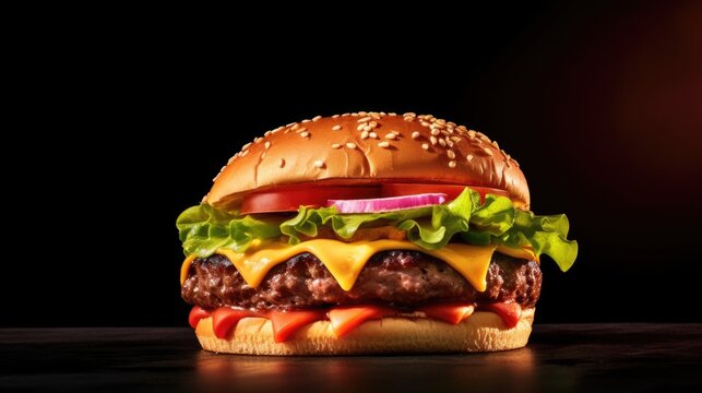 Gourmet burger on a black background generative ai