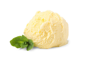 Scoop of delicious vanilla ice cream and mint isolated on white