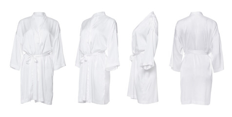 Collage with clean silk bathrobe on white background, different views