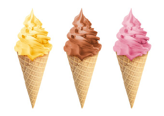 Ice cream in different flavors isolated on white. Soft serve