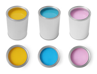 Yellow, light blue and pink paints in cans isolated on white, collage with top and side views
